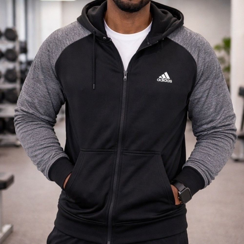 Adidas Zip Up Hoodie Black & Gray Fleece Mens XL Climawarm Athletic Jacket